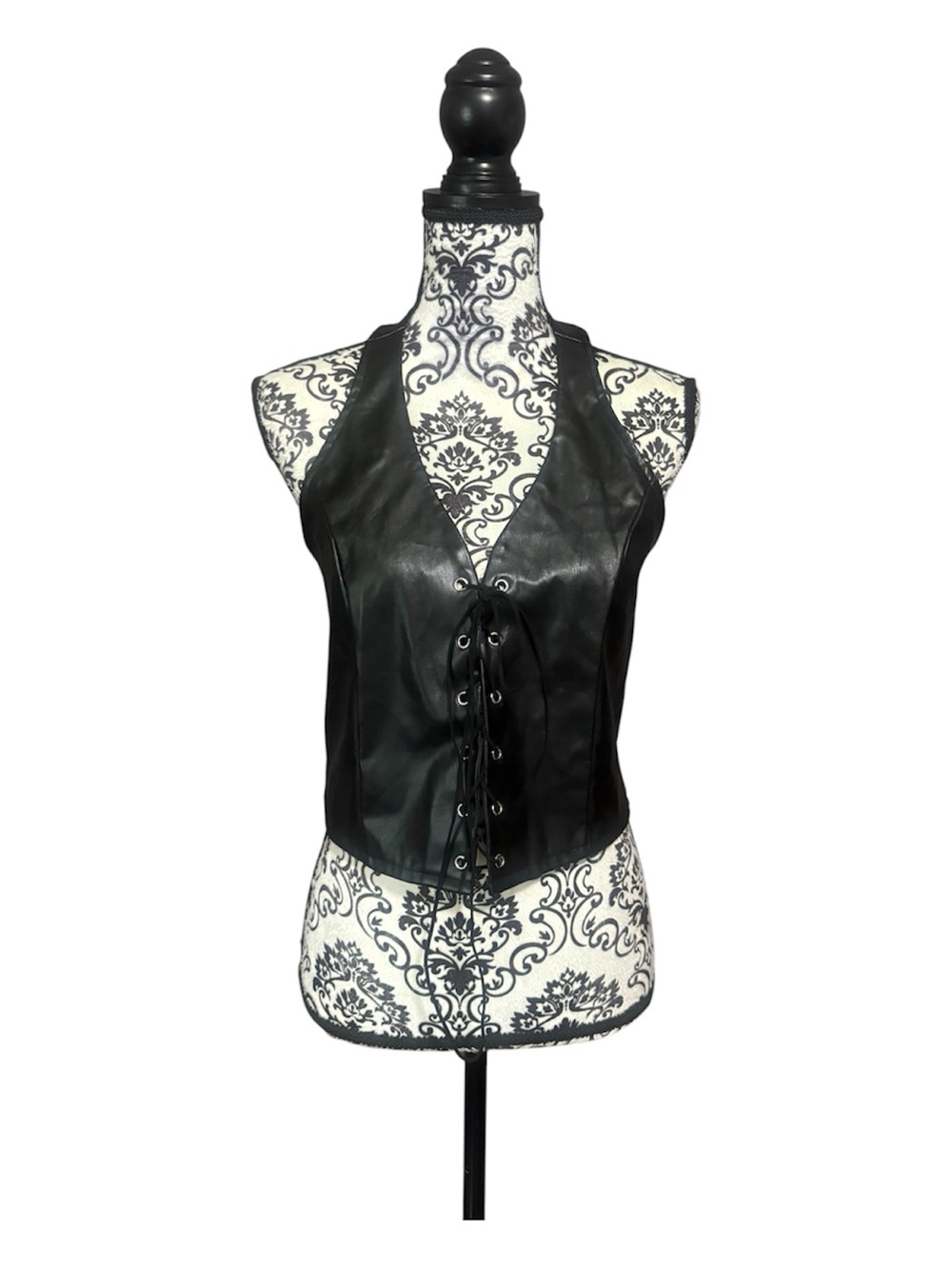 Black Faux Leather Lace-Up Halter Vest